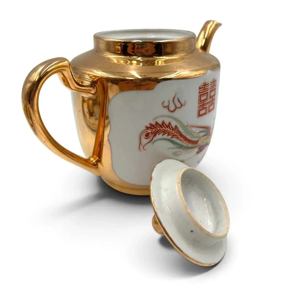 NOS Vintage Chinese Wedding Tea Set Dragon Phoenix Gold Original Box 10 Pc